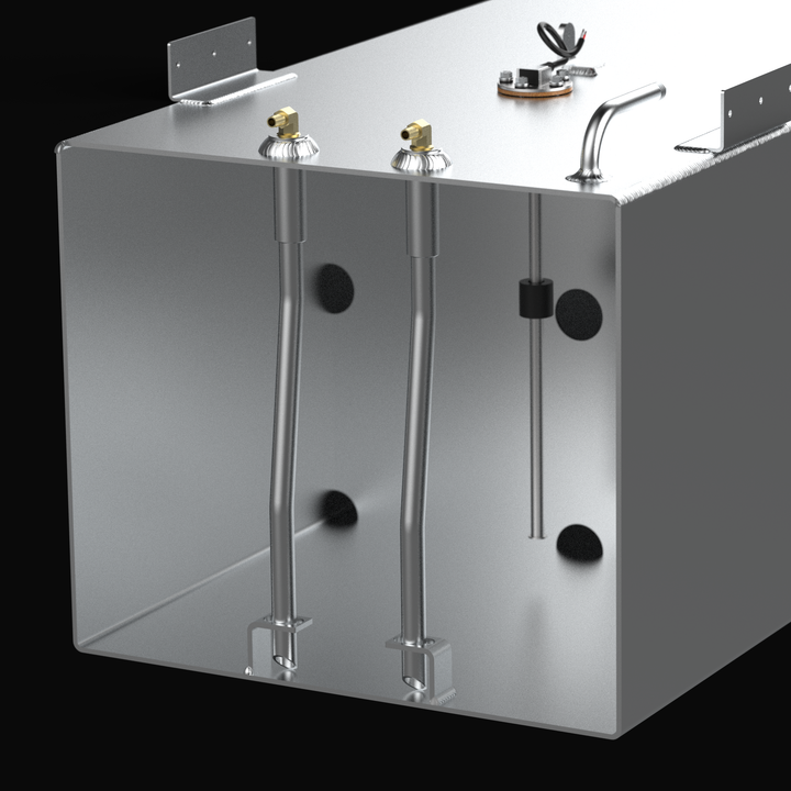 A technical cross-section 3D rendering of a rectangular marine aluminum fuel tank cutaway view, detailing the internal plumbing and sending unit architecture. The image focuses on the inner chamber of a flat-bottom tank fabricated from raw marine-grade 5052-H32 aluminum, highlighting structural internal baffles with circular flow-through holes. The internal assembly details dual aluminum pickup tubes with bottom-mounted anti-slosh foot brackets connecting to top-deck brass 90-degree fuel pickup elbows, alon