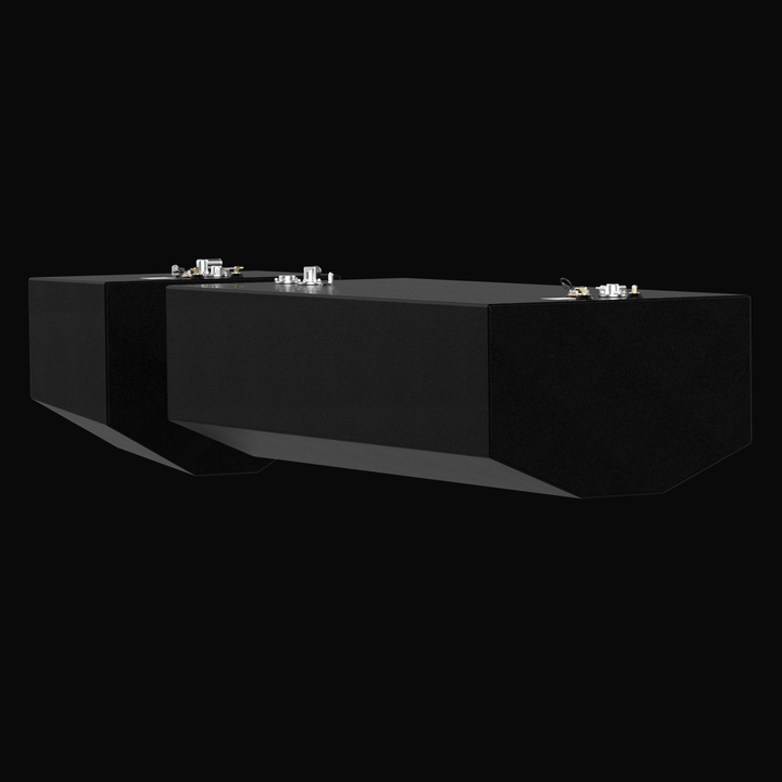 A low-angle side profile rendering of a dual marine aluminum fuel tank system, demonstrating the specialized angled hull matching design. Both the forward and aft tanks are constructed from heavy-duty marine-grade 5052-H32 aluminum and finished in a protective, textured black TarGard epoxy coating. The perspective highlights the clean, multi-angled V-bottom tapered design engineered to sit flawlessly within a deep-V boat hull stringer cavity. The top decks display mounted premium hardware, including stainle