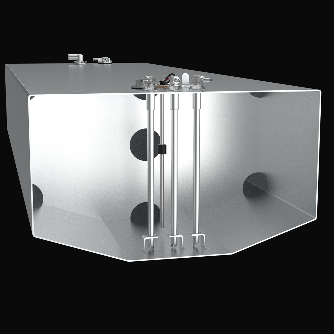 Cross-section view of a precision-engineered replacement marine fuel tank, showcasing the internal baffle system with drainage holes and triple stainless steel pickup tubes. This technical render highlights the heavy-duty 5052-H32 aluminum construction and top-mounted fuel sender unit designed for a guaranteed OEM fit and superior fuel stability in high-performance offshore vessels.