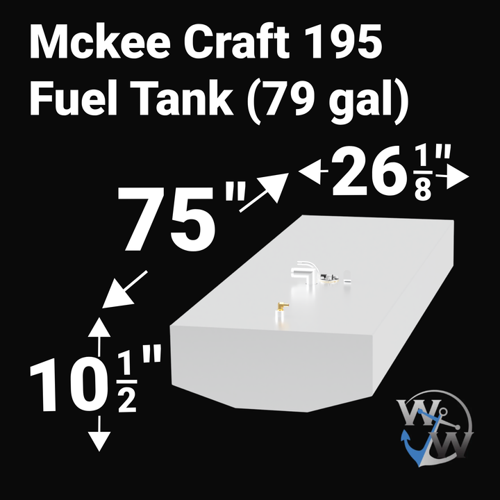 Technical dimension drawing for a McKee Craft 195 OEM replacement fuel tank. The diagram specifies a 61-gallon capacity with dimensions of 61 inches in length, 24 inches in width, and 10 inches in depth. This marine-grade aluminum tank layout shows the precise orientation of the fuel fill, vent, and sending unit to ensure a guaranteed "drop-in" fit for 195 models.