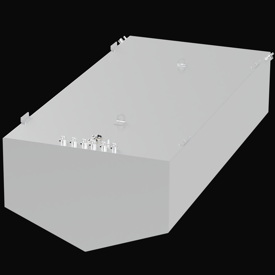 A 3D render of a Midnight Express 480-gallon Built to OEM Specs fuel tank, showing an angled view of the large, light grey tank with its multiple fittings, D-rings, and mounting tabs on the top surface, against a black background.