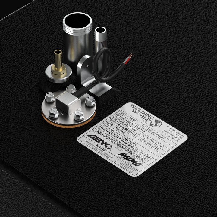 Close-up of the welded mounting tabs and structural corner of a Mojito 16 (2010) 17-gallon fuel tank. The image highlights the professional TIG welding and the protective Coal Tar Epoxy coating that ensures a long-lasting, corrosion-proof fit for 2010 skiff models. Built to CAD #12435-1 for exact OEM replacement standards.