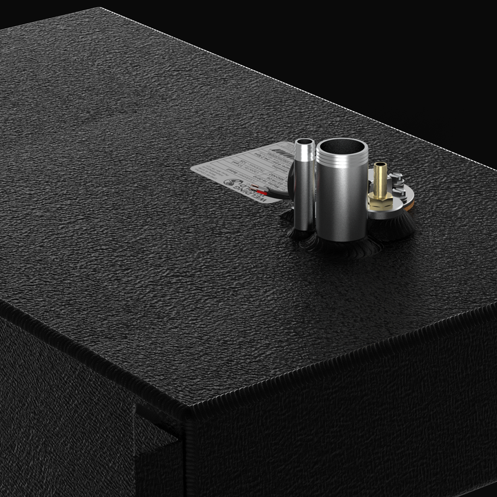 Side profile of the 17-gallon Mojito 16 (2010) fuel tank showing the slim 6-inch height and heavy-duty Coal Tar Epoxy coating. Designed to fit the shallow bilge of a 16-foot skiff, this OEM replacement (CAD #12435-1) includes precision-welded mounting tabs and 5052-H32 marine aluminum construction for maximum durability.