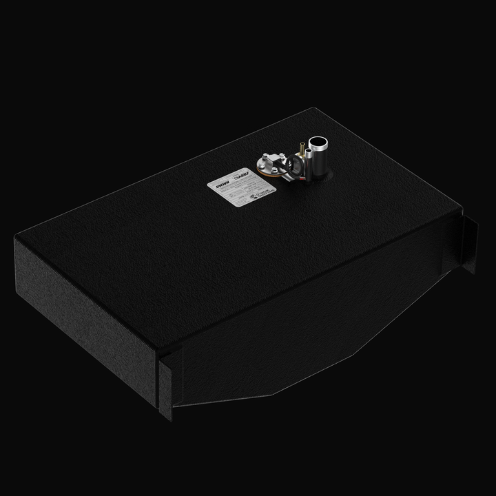 Top-down view of the 17-gallon Mojito 16 (2010) OEM replacement fuel tank. The image confirms the precise alignment of the 1.5-inch fill, .625-inch vent, and WEMA sender port per CAD #12435-1. The heavy-duty Coal Tar Epoxy coating and four 2x2-inch mounting tabs are clearly visible, ensuring a secure, corrosion-resistant, and guaranteed fit.