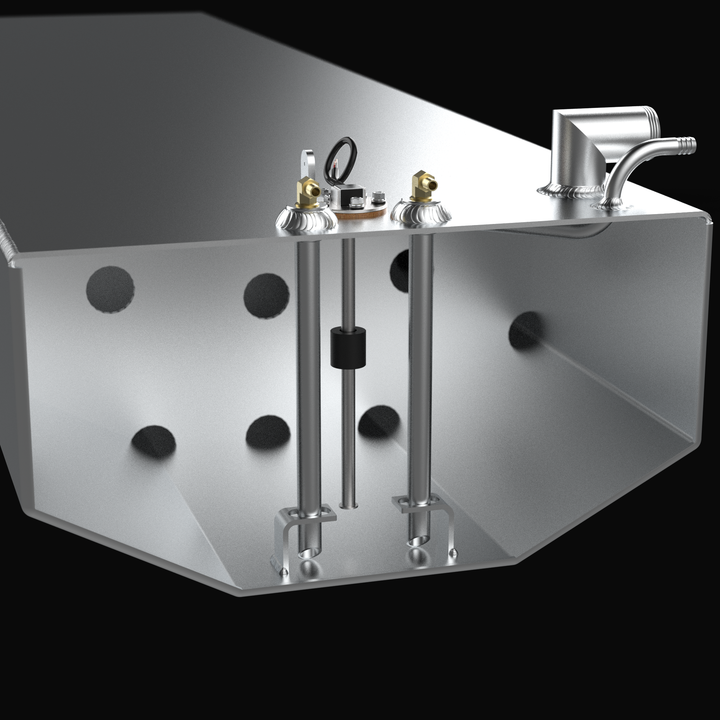 A technical cross-section 3D rendering of a shallow tapered marine aluminum fuel tank cutaway view, detailing the internal dual plumbing and sending unit architecture for an elongated hull pocket design. The image focuses on the inner chamber of a narrow, shallow V-bottom fuel cell fabricated from raw marine-grade 5052-H32 aluminum, highlighting a structural internal baffle plate with multiple circular flow-through holes. The internal assembly details twin aluminum pickup tubes extending down to bottom-moun