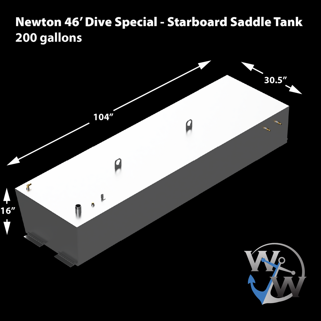 A white Newton 46' Dive Special Starboard Saddle Tank, 200 gallons, with dimensions 104" long, 30.5" wide, and 16" high. The image also shows a "W" logo with an anchor