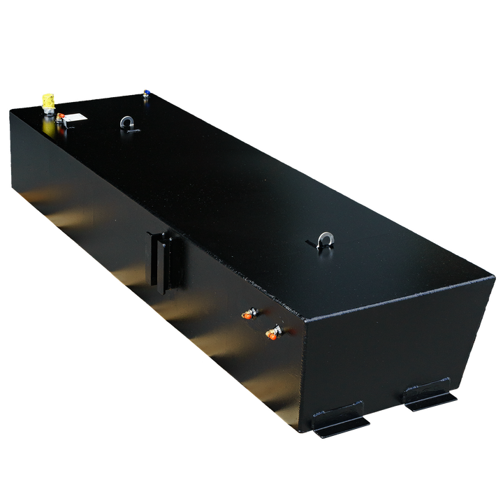 A black, rectangular Newton 46' Dive Special OEM replacement 200-gallon diesel saddle tank with visible valves and hooks