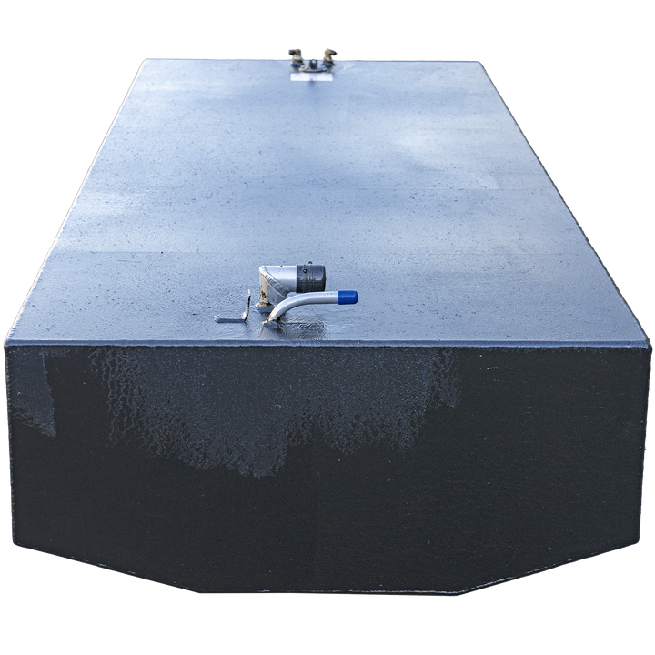 200-gallon aluminum belly fuel tank for the Ocean Master 33, shown with a black matte finish and rectangular profile. Top-mounted features include a capped shutoff valve with a blue handle near the front edge and dual brass fittings positioned toward the rear. Centered on the top surface is a white compliance label confirming .190″ 5052-H32 marine-grade aluminum construction, ABYC/NMMA standards adherence, and 9 psi test certification under 33 CFR § 183.510(a). Layout supports OEM integration, balanced 