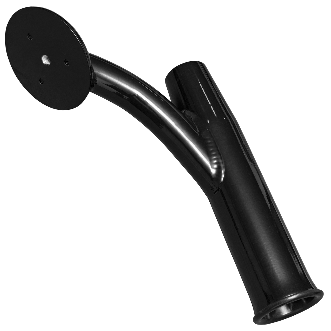 A pair of black offset rod holders featuring a curved design with a circular mounting plate at the top and a cylindrical base for secure attachment. The holders are designed for fishing rods, providing an angled position for optimal rod placement