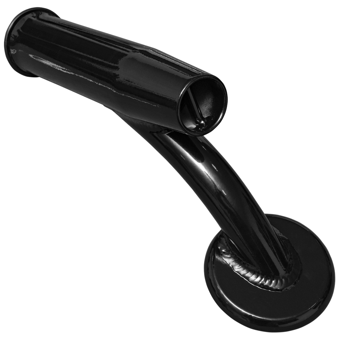 A close-up image of a black offset rod holder, featuring a curved design with a cylindrical opening at the top and a circular base for mounting. The background is a transparent grid pattern