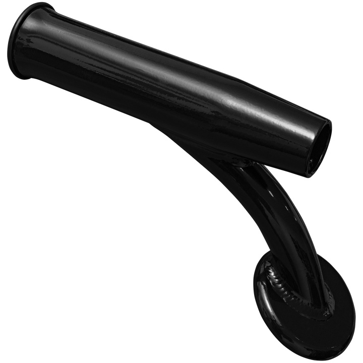 A pair of black offset rod holders featuring a cylindrical tube attached to a curved base, designed for securely holding fishing rods. The background is transparent, highlighting the sleek design of the holders