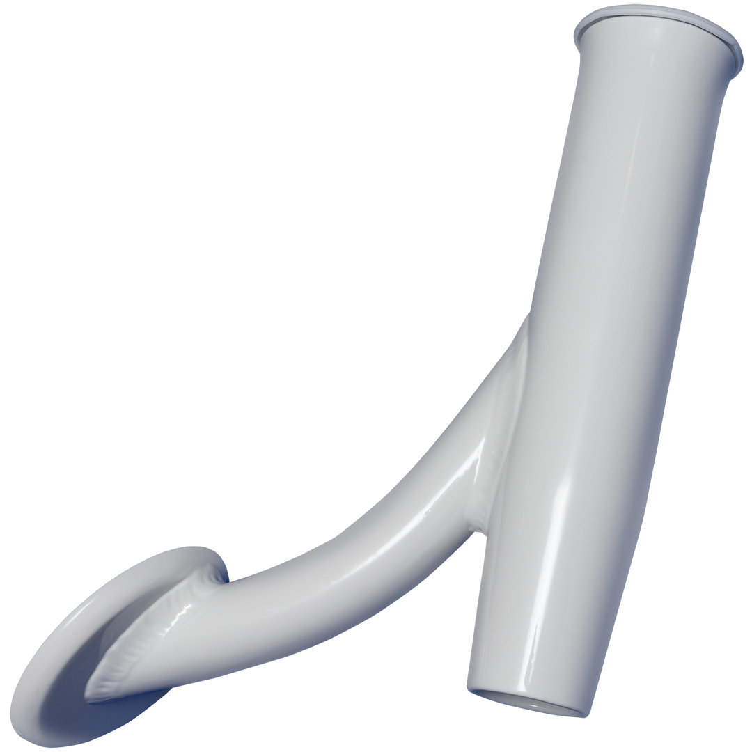 A pair of white offset rod holders, featuring a curved design with a circular base and a vertical tube for securely holding fishing rods at an angle. The holders are shown against a transparent background