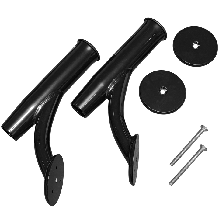 A pair of black offset rod holders, featuring curved arms and circular bases, accompanied by two screws. The holders are designed for mounting fishing rods securely