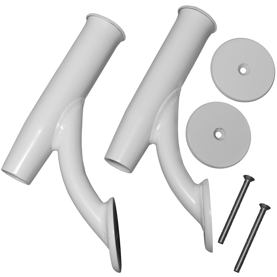 A pair of white offset rod holders, each featuring a curved design with a wide opening at the top. Accompanying the holders are two circular mounting plates and two screws, all set against a transparent background