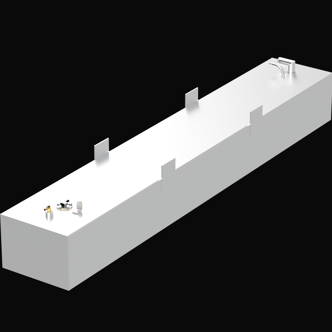 A 3D render of the Parker 17' 48-gallon Built to OEM Specs fuel tank, showing the very long, light grey tank with two sets of fittings and four mounting brackets on its top surface, against a black background.