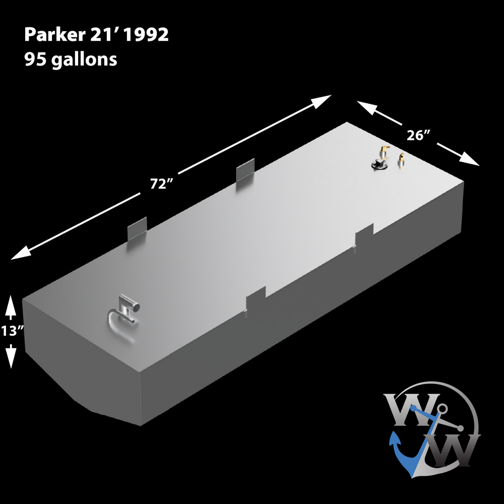 3D rendering of a 95-gallon aluminum fuel tank for a 1992 Parker 21' boat, measuring 72 inches long, 26 inches wide, and 13 inches high, with mounting brackets and visible fittings on top, shown on a black background with Welding World logo