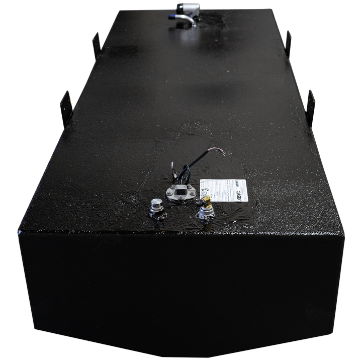 Top view of a 1992 Parker 21' fuel tank, featuring a sleek black surface with a fuel gauge and connection ports, designed to hold 95 gallons of fuel