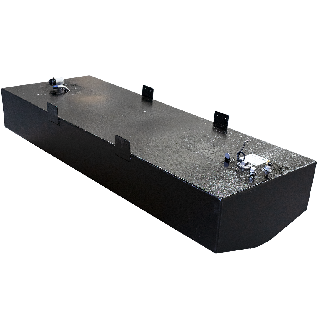 A 95-gallon fuel tank designed for a 21-foot Parker boat, featuring a sleek black finish and multiple fittings on the top for fuel connections