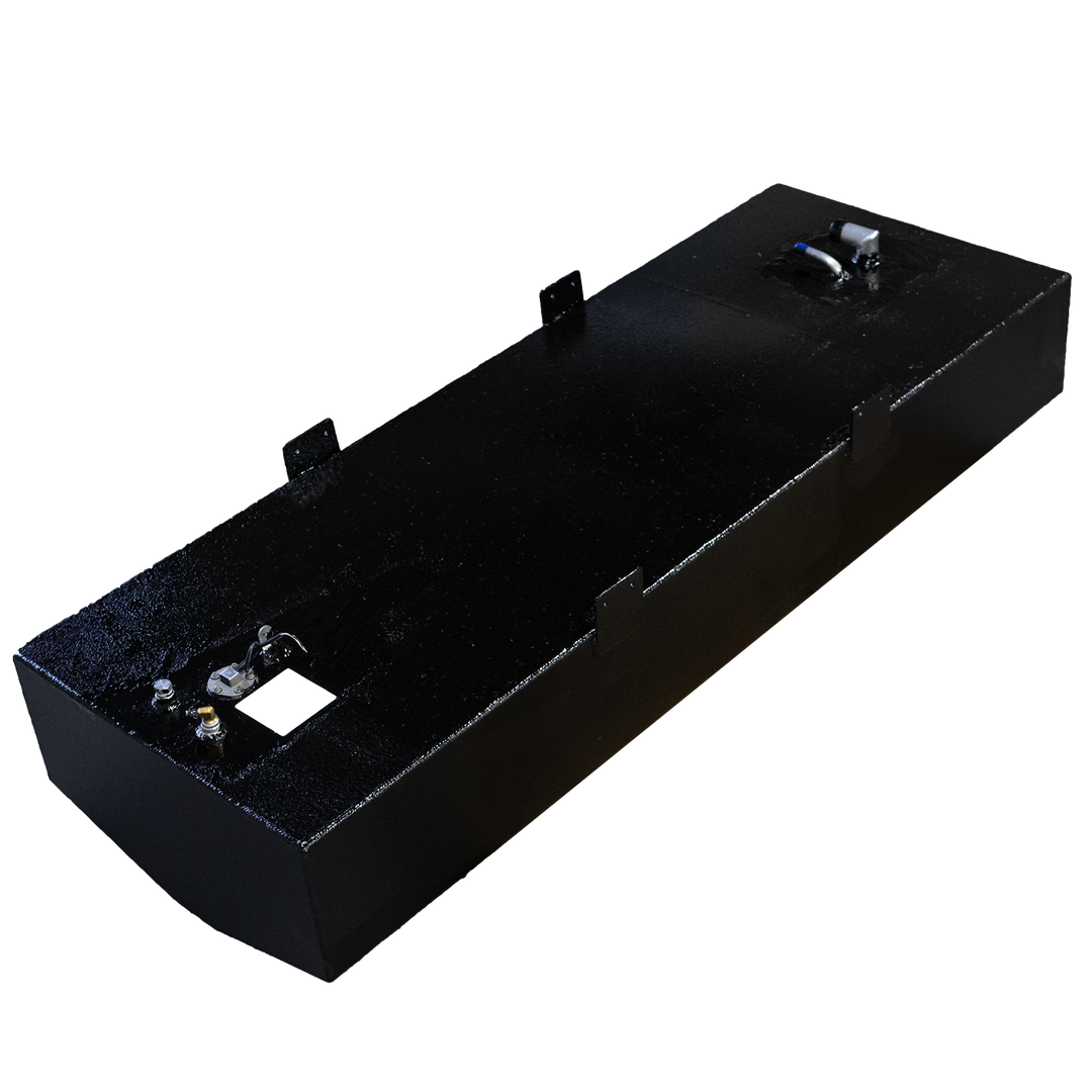 A black aluminum fuel tank with visible welding seams and a reed switch sender.