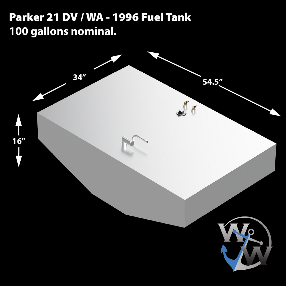 A light gray, rectangular fuel tank for a Parker 21 DV / WA 1996 boat, with a nominal capacity of 100 gallons, is displayed against a black background. White arrows and text indicate its dimensions: 34 inches in width, 54.5 inches in length, and 16 inches in height. The top surface of the tank features various fittings, including two brass-colored valves and a silver-colored pipe. A logo with a stylized "W" and a blue anchor is visible in the bottom right corner
