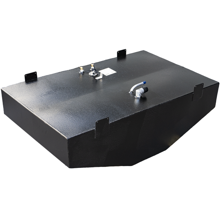 A black, rectangular fuel tank with a textured finish is angled against a checkerboard background. Its top surface displays various metallic fittings, including two small brass-colored valves, a white label, and a white and blue hose connection. Several black, rectangular mounting brackets are visible along the tank's edges. The tank's shape includes angled bottom corners