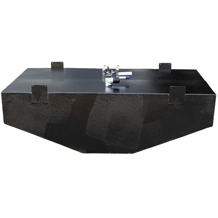 A black, rectangular fuel tank with a textured surface is presented against a black and grey checkerboard background. The tank is viewed from an angled front perspective, showcasing its top surface with various fittings, including two brass-colored valves, a white label, and a white and blue hose connection. Several black, rectangular mounting brackets are visible along the top edges and sides of the tank. The bottom of the tank has angled corners