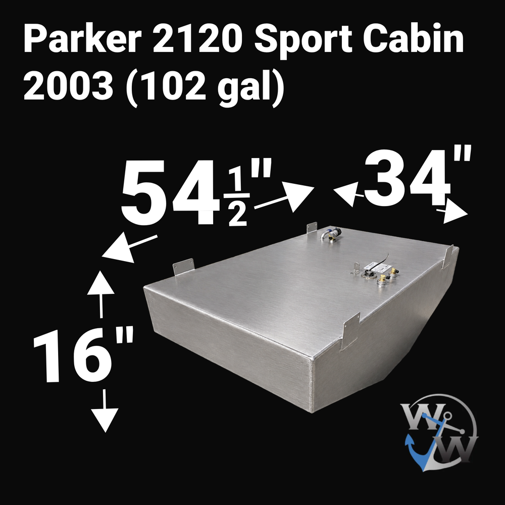 A studio product diagram displaying the exact dimension specifications for a 3D digital CAD model rendering of an unencapsulated bare aluminum Parker 2120 Sport Cabin OEM replacement marine fuel tank (102 gal 2003) from file image_b20e40.jpg, isolated against a black background. The isometric view shows the V-bottom hull profile with bold white measurement arrows indicating key overall dimensions: 54 1/2 inches in length, 34 inches in width, and 16 inches in total height. Top deck hardware features four per