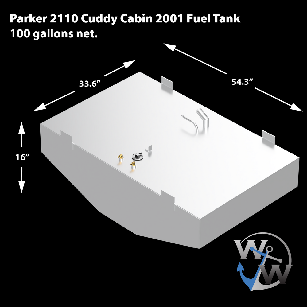 A silver-colored Parker 2110 Cuddy Cabin 2001 Fuel Tank with a capacity of 100 gallons net. The tank is rectangular with cut-out sections on its longer sides and has dimensions of 54.3" L x 33.6" W x 16" H. It features several small fittings and a larger, curved pipe on its top surface