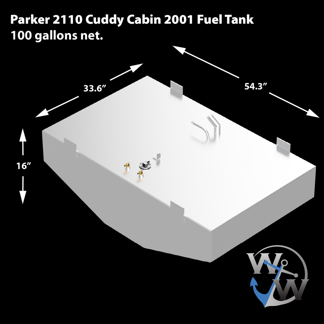 A silver-colored Parker 2110 Cuddy Cabin 2001 Fuel Tank with a capacity of 100 gallons net. The tank is rectangular with cut-out sections on its longer sides and has dimensions of 54.3" L x 33.6" W x 16" H. It features several small fittings and a larger, curved pipe on its top surface