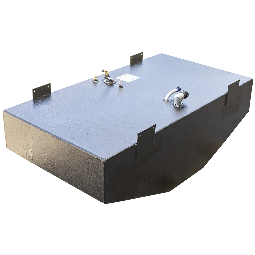 A textured, dark gray, rectangular fuel tank with multiple mounting brackets along its perimeter. The top surface features various fittings, including a white and blue hose connection, a circular gauge with wires, and a small white label. The bottom edge of the tank has a subtle curve