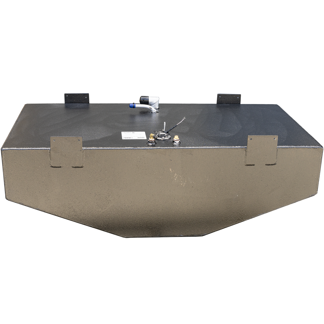 A black, rectangular boat fuel tank with a coarse, textured finish on top and lighter, sand-colored sides. The tank features several mounting brackets, some integrated into the side, and a number of metal fittings on its top surface, including a hose connection with a blue cap and a circular gauge with wires. The bottom edges of the tank are angled