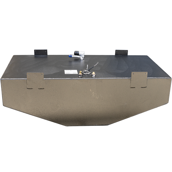 A black, rectangular boat fuel tank with a coarse, textured finish on top and lighter, sand-colored sides. The tank features several mounting brackets, some integrated into the side, and a number of metal fittings on its top surface, including a hose connection with a blue cap and a circular gauge with wires. The bottom edges of the tank are angled