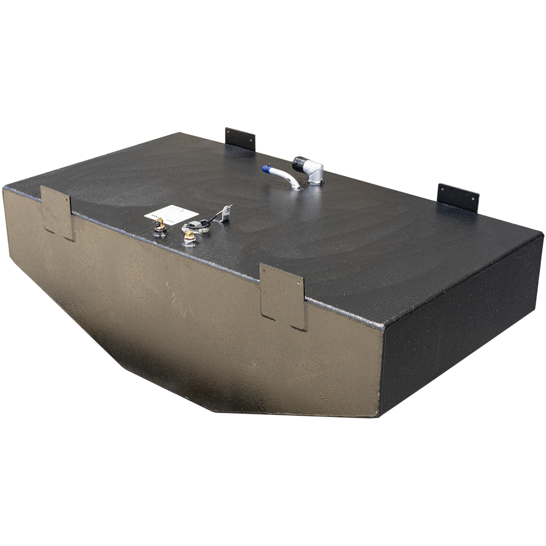 A dark gray, rectangular boat fuel tank with a textured surface on top and smooth, light brown sides. It features several mounting brackets, some of which are integrated into the tank's design. Various metal fittings, including a white and blue hose connection, two small golden nozzles, and a circular gauge with wires, are visible on the top surface. The bottom edge of the tank has a subtle curve