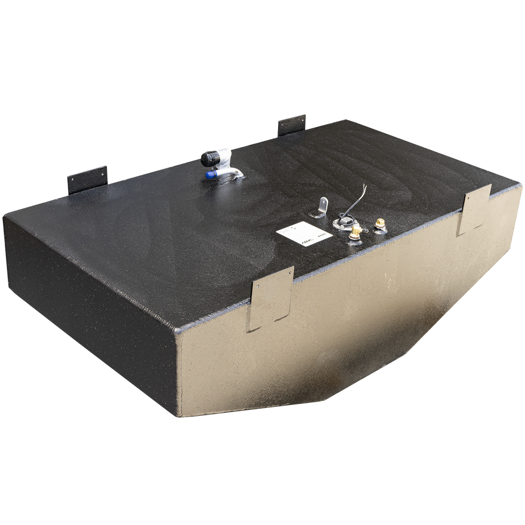 A Parker 2210 Cuddy Cabin 2001 OEM replacement fuel tank, 100 gallons net. The tank is black with a textured top surface, and the sides are a lighter, somewhat metallic color. It features several mounting brackets along the sides and various fittings on the top, including a white and blue fitting, two small brass-colored posts, and a circular gauge or sensor with wires