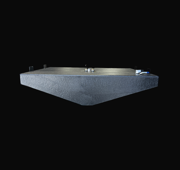 A straight, low-angle front-elevation view of a black Parker 23 replacement marine fuel tank from file image_97f358.jpg, isolated against a black background. This perspective highlights the wide, shallow front profile of the 140-gallon center-hull fuel cell, clearly showing the distinct, V-shaped angled bottom profile precision-engineered by Welding World to conform perfectly to the boat's central deadrise stringer grid. The heavy-duty structure is fully fabricated from marine-grade 5052-H32 aluminum and en