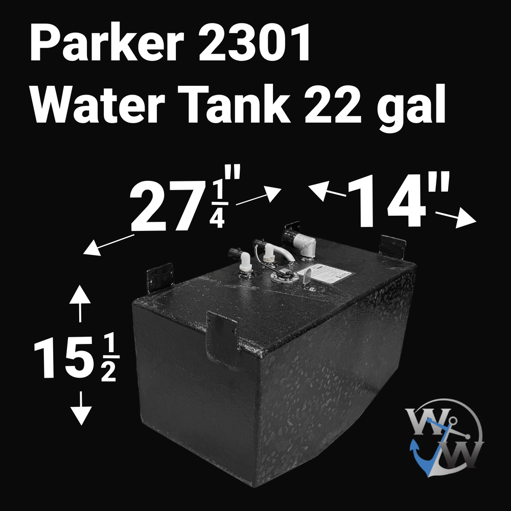 Dimensional diagram of a Parker 2301 (22 gal) replacement water tank with a Coal Tar Epoxy finish. Key measurements include a 27.25-inch length, 14-inch width, and 15.5-inch height, confirming a guaranteed OEM fit for Parker boats. The unit includes industrial-grade aluminum construction and integrated mounting brackets.