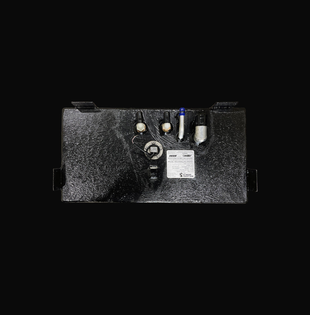 Top-down plan view of a 22-gallon Parker 2301 replacement water tank featuring a rugged Coal Tar Epoxy finish. This overhead perspective highlights the precision-engineered layout of the fresh water sender, pickup, and vent ports, as well as the heavy-duty welded mounting tabs, ensuring a guaranteed OEM fit within the vessel's hull for maximum long-term durability.