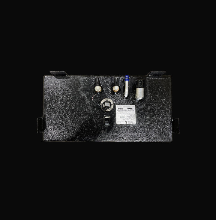 Top-down plan view of a 22-gallon Parker 2301 replacement water tank featuring a rugged Coal Tar Epoxy finish. This overhead perspective highlights the precision-engineered layout of the fresh water sender, pickup, and vent ports, as well as the heavy-duty welded mounting tabs, ensuring a guaranteed OEM fit within the vessel's hull for maximum long-term durability.
