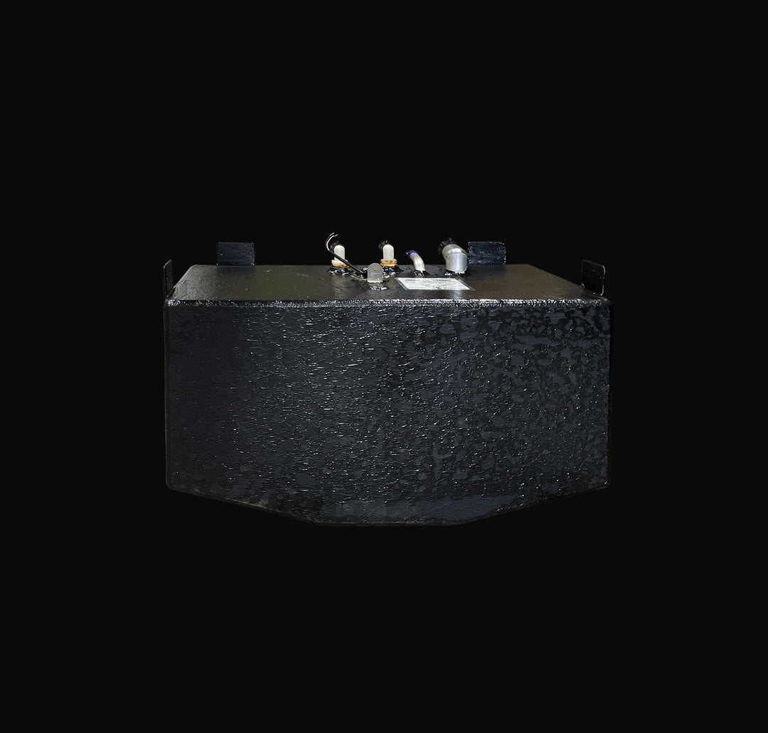 Front-profile view of a 22-gallon Parker 2301 replacement water tank showing the specialized V-bottom geometry and heavy-duty Coal Tar Epoxy coating. The image highlights the precision-welded mounting tabs and top-mounted fresh water fittings, engineered for a guaranteed OEM fit and maximum corrosion resistance within the boat's internal stringer grid.
