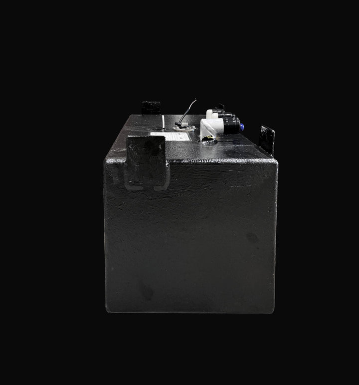 Side-profile view of a 22-gallon Parker 2301 replacement water tank highlighting the industrial Coal Tar Epoxy coating and precision-welded mounting tabs. The image shows the tank's rectangular depth and top-mounted plumbing ports, engineered for a guaranteed OEM fit and maximum corrosion resistance within the boat's internal stringer grid.