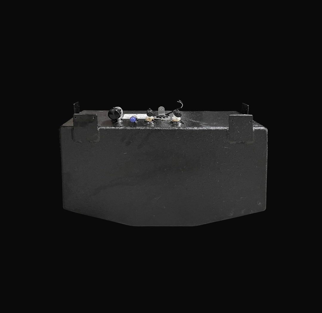 Front-facing profile of a 22-gallon Parker 2301 water tank replacement, highlighting the hull-conforming V-bottom geometry and thick Coal Tar Epoxy coating. The image showcases the precision-welded mounting tabs and top-mounted plumbing ports, engineered for a guaranteed OEM fit and maximum corrosion resistance within the boat's internal stringer grid.