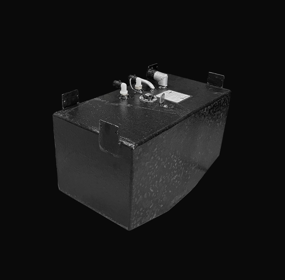 Dimensional diagram of a 22-gallon Parker 2301 replacement water tank showing the 27.25-inch length, 14.75-inch width, and 12-inch height measurements. This precision-engineered unit features heavy-duty welded mounting tabs and top-mounted fittings, ensuring a guaranteed OEM fit and long-term durability for marine fresh water systems.
