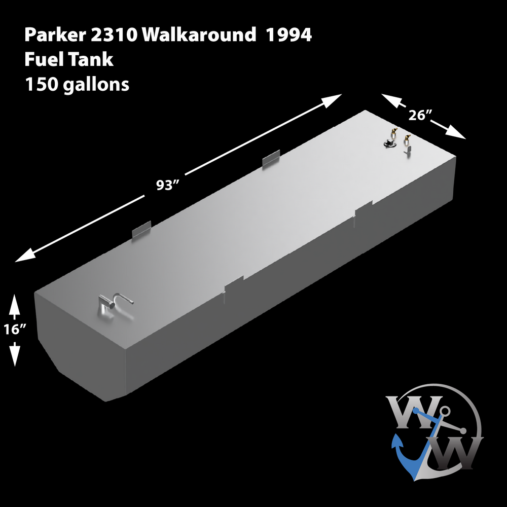 A silver rectangular fuel tank with a beveled front edge, and dimensions of 93 inches by 26 inches by 16 inches, with a 150-gallon capacity. It is designed for a Parker 2310 Walkaround 1994 model