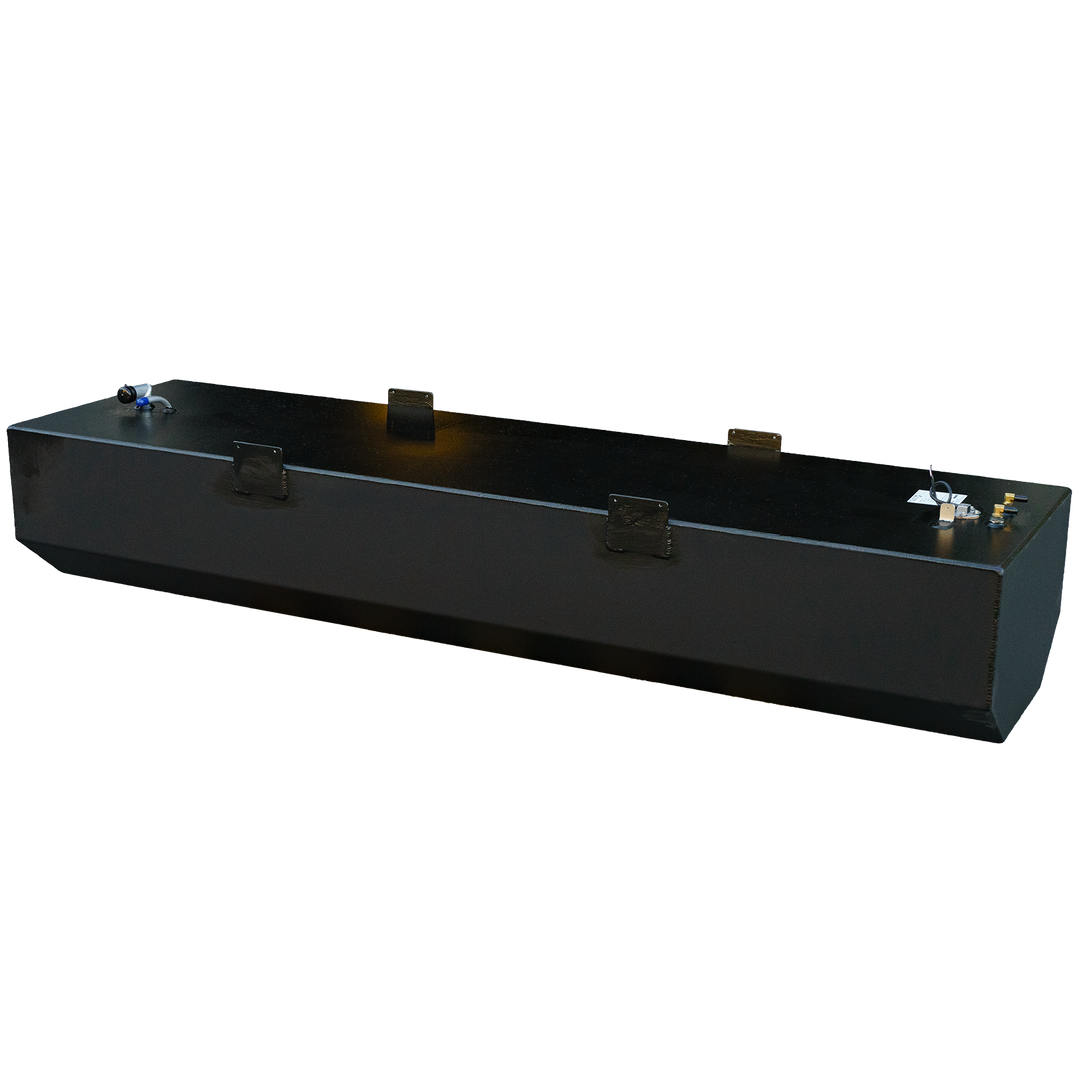 A long, rectangular black fuel tank with a beveled corner, mounting brackets, and various fittings on its top surface, against a checkered background