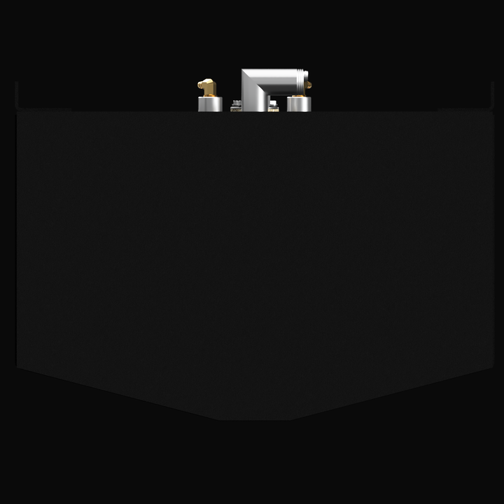 A 3D render showing the profile view of a dark grey boat fuel tank with a V-shaped bottom. A prominent cluster of brass and white fittings is visible on the top edge, against a black background.