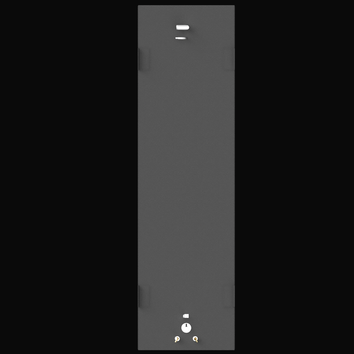 A direct top-down 3D render of a long, rectangular, dark grey boat fuel tank, showing various fittings and four mounting tabs on its top surface, against a black background.