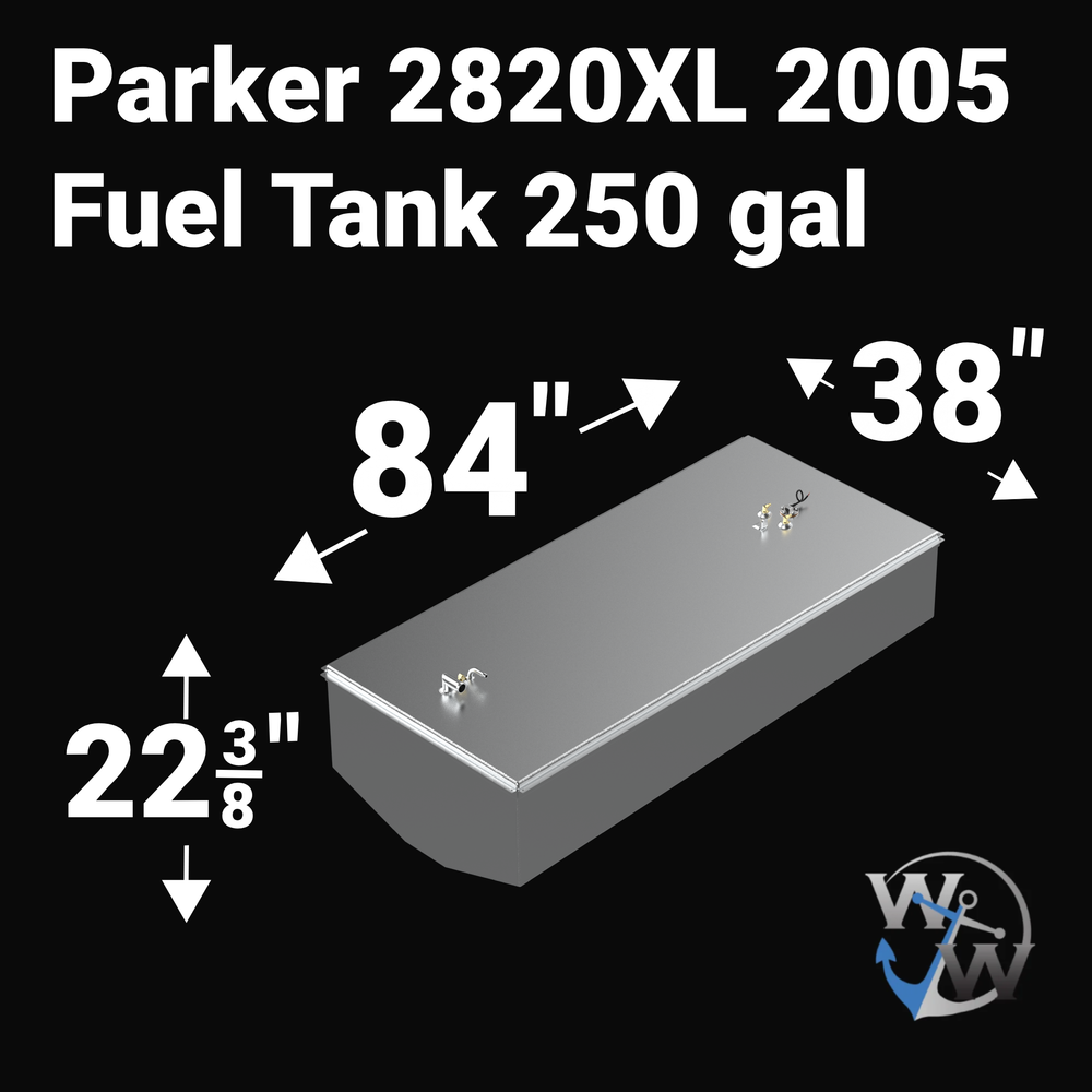 Dimensional technical diagram for a raw aluminum Parker 2820XL replacement marine fuel tank featuring a high-capacity 250-gallon design. The graphic displays precise technical specifications with measurements of 84" length, 38" width, and 22-3/8" height, showcasing a shallow V-hull tapered bottom configuration designed to match the vessel's hull contour perfectly. The top deck displays an unsealed variant layout complete with a forward 90-degree fuel fill pipe, an integrated vent line connection, a center-t