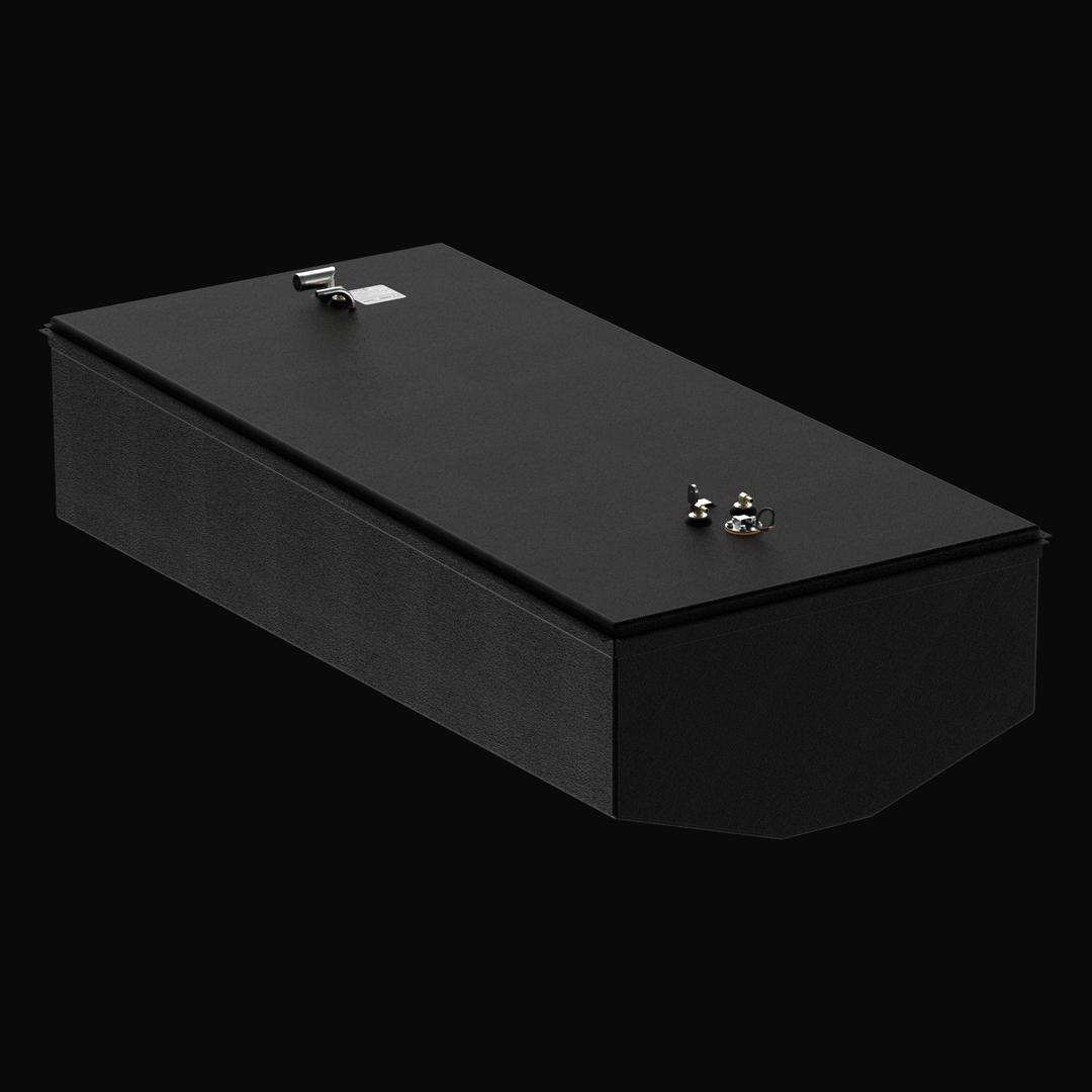 A three-quarter high-angle alternative isometric perspective rendering of a black rectangular single-tank unit, showcasing a Parker 2820XL OEM replacement marine fuel tank. This high-capacity 250-gallon fuel cell features a shallow V-hull tapered bottom configuration precisely engineered by Welding World to match the vessel's original centerline stringer grid layout. Masterfully constructed from heavy-gauge marine-grade 5052-H32 aluminum, the tank is completely encapsulated in a textured, anti-corrosive bla