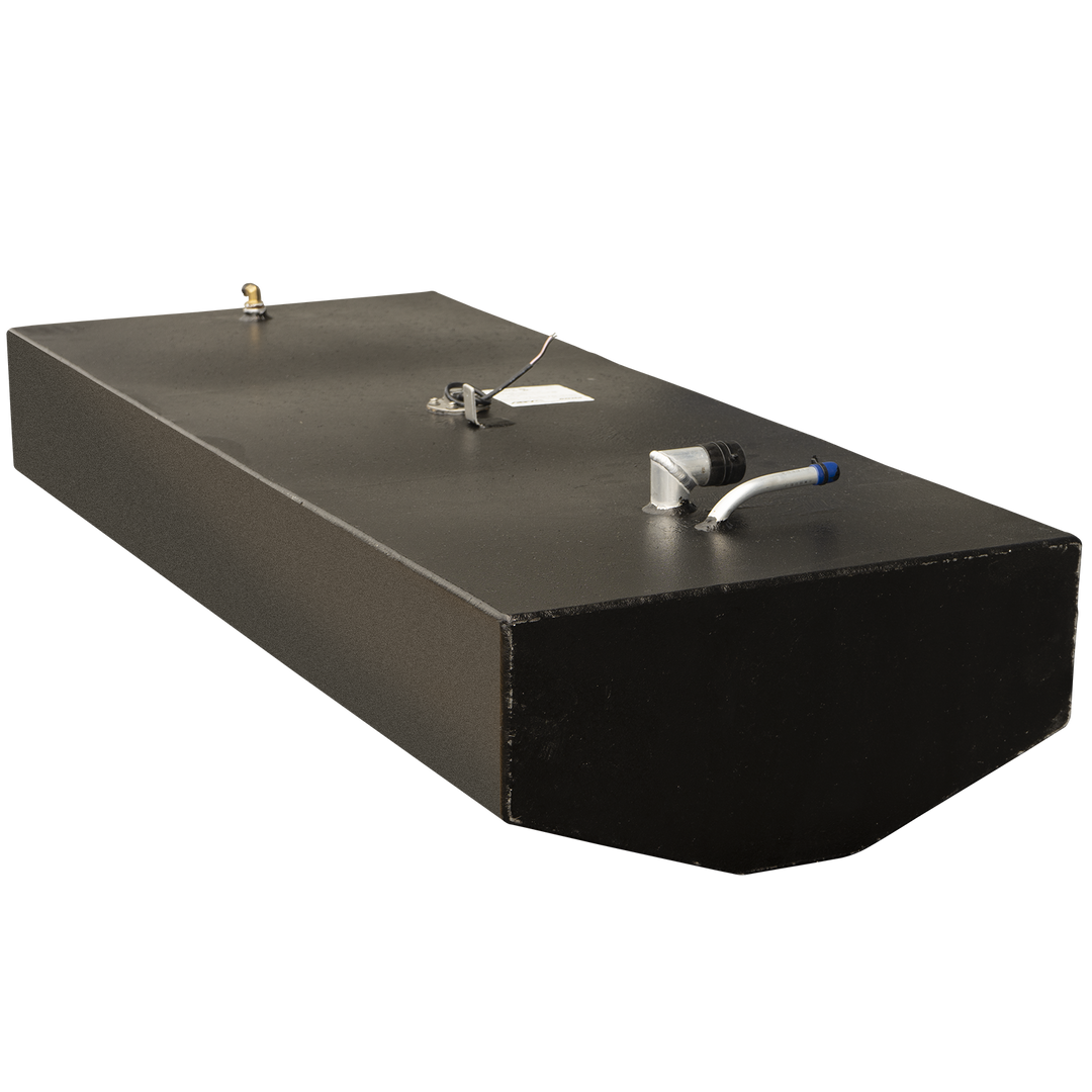 Black, rectangular 56-gallon OEM replacement fuel tank for a Pathfinder 2200V 2001 boat, featuring various fittings and connections on its top surface, including a brass fitting, a sensor with wiring, and a bent metal tube with a blue cap