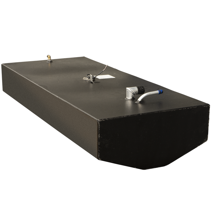 Black, rectangular 56-gallon OEM replacement fuel tank for a Pathfinder 2200V 2001 boat, featuring various fittings and connections on its top surface, including a brass fitting, a sensor with wiring, and a bent metal tube with a blue cap